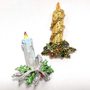 Christmas Candle Pin Set Silver Gold Bling